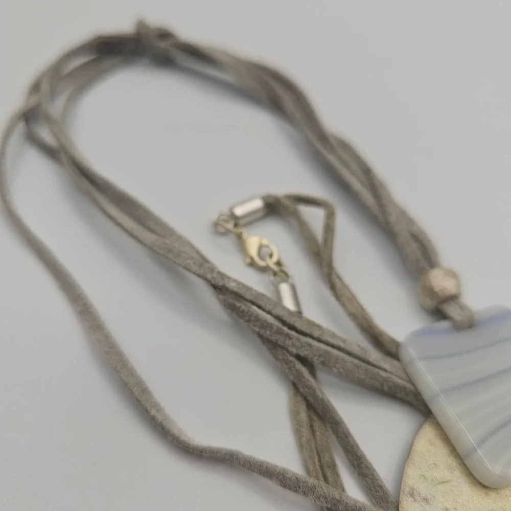 Handmade‎ Pendant Necklace Gray Glass Metal Suede Cord Geometric Boho